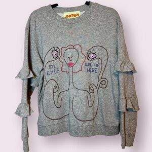 Hand Embroidered “My Eyes Are Up Here” Woman’s Sweatshirt Size Medium Gray